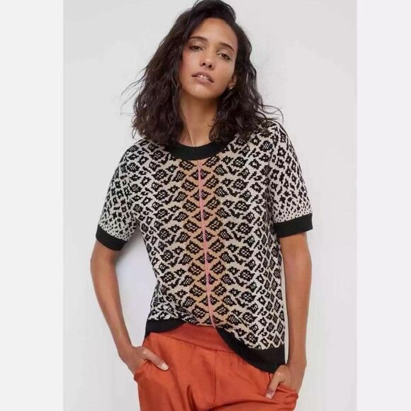Maeve | Elinore Short Sleeve Animal Print Wool Blend Sweater | XS - Picture 1 of 9